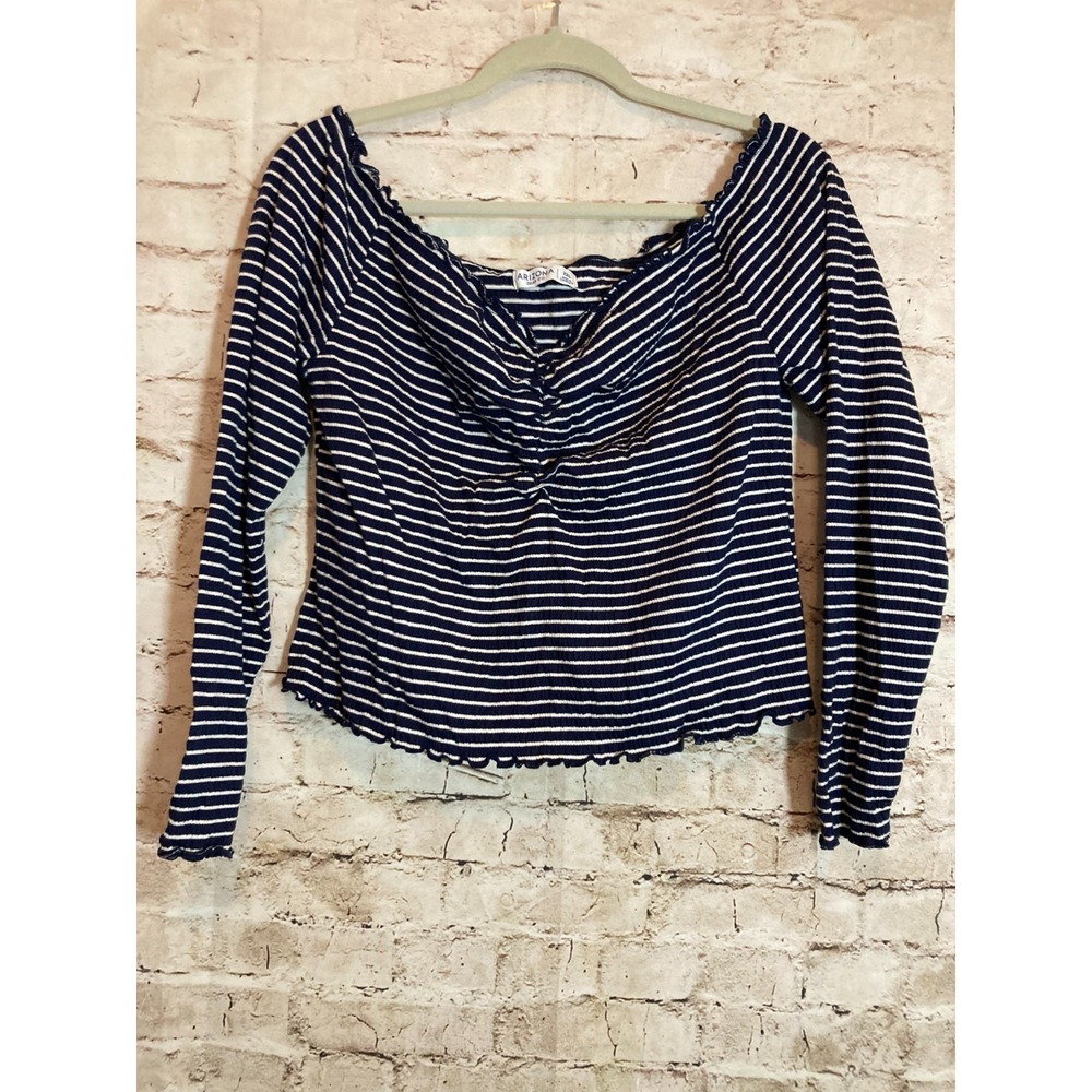 Arizona Crop Top Womens XXL Navy Striped Ribbed Babydoll Ruched Lettuce Hem